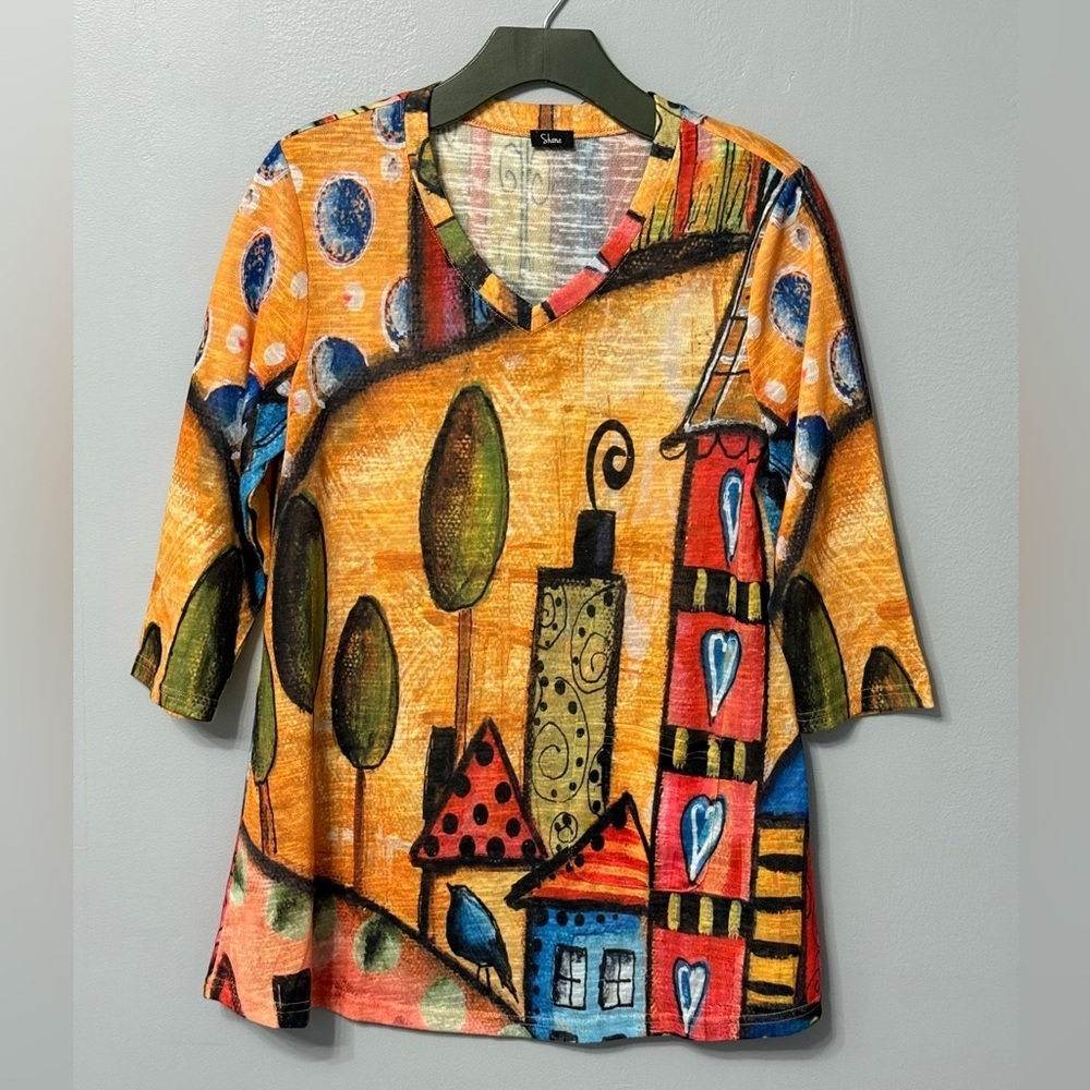 #12)  Shana Multicolor Abstract V-Neck Top (armpit measurement 18”)